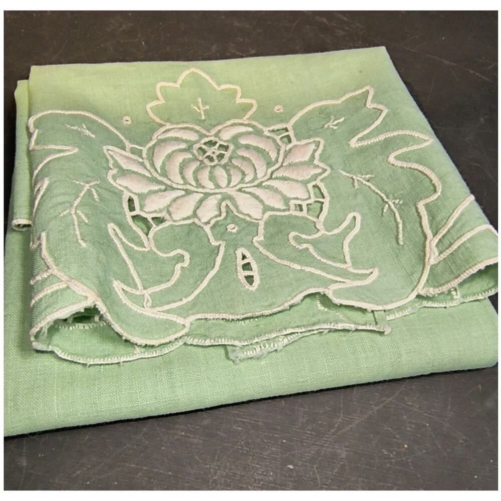 1553.  Green Linen with Embroidery Tea Towel